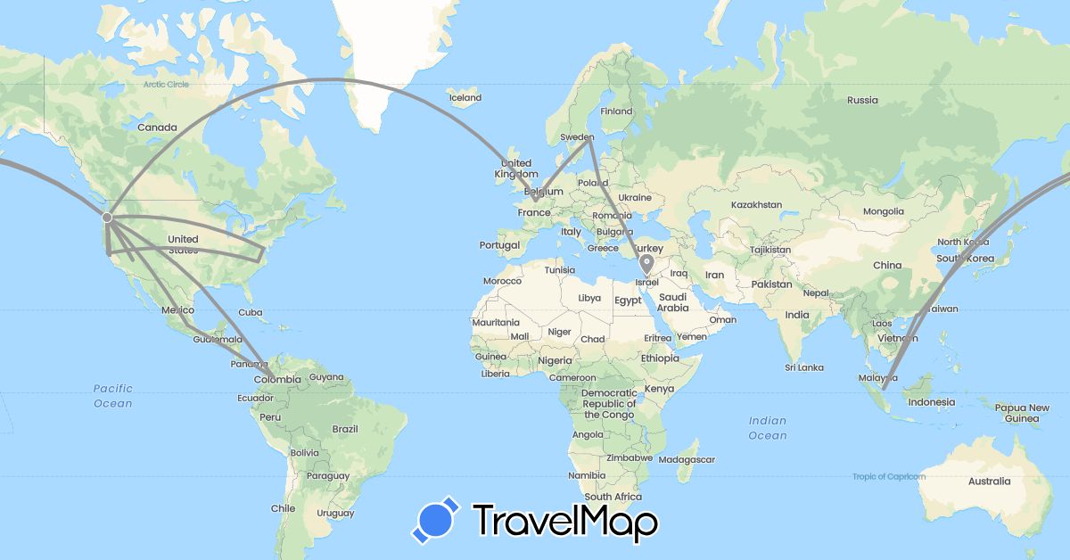 TravelMap itinerary: plane in China, Colombia, France, United Kingdom, Israel, South Korea, Mexico, Poland, Sweden, Singapore, United States (Asia, Europe, North America, South America)